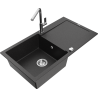 Mexen Leo chiuvetă de bucătărie din granit cu 1 compartiment cu scurgător și baterie Flora, negru/argintiu metalizat