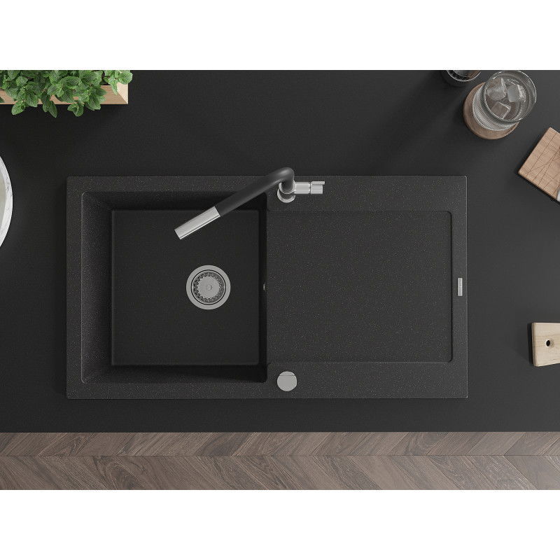 Mexen Leo chiuvetă granit 1 compartiment cu scurgător și baterie de bucătărie Flora, negru/argintiu metalic