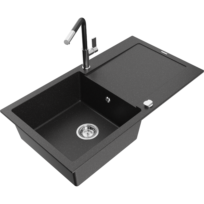 Mexen Leo chiuvetă granit 1 compartiment cu scurgător și baterie de bucătărie Flora, negru/argintiu metalic