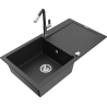 Mexen Leo chiuvetă granit 1 compartiment cu scurgător și baterie de bucătărie Flora, negru/argintiu metalic