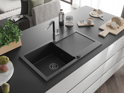 Mexen Leo chiuvetă de granit cu o cuvă și picurător și baterie Flora, negru/metal argintiu - 6501-73-670401-07-B