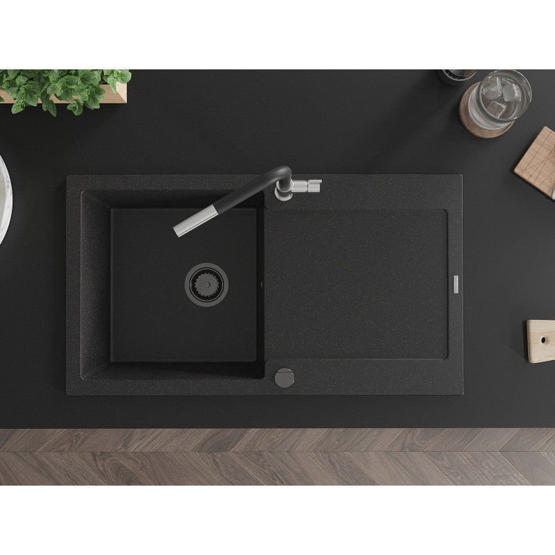 Mexen Leo egymedencés gránit mosogató csepegtetővel és Flora konyhai csapteleppel, fekete/ezüst metál - 6501-73-670401-07-B