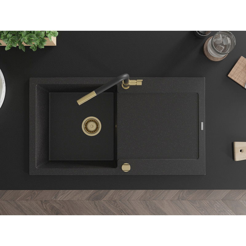 Mexen Leo egykamrás gránit mosogató lefolyóval és Flora konyhai csapteleppel, fekete/ezüst metál - 6501-73-670401-57-G