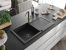 Mexen Leo chiuvetă de bucătărie granit 1 cameră cu scurgător și baterie Flora, negru/argintiu metalizat - 6501-73-670401-57-B