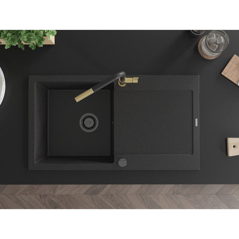Mexen Leo 1-medencés gránit mosogató csepegtetővel és Flora konyhai csappal, fekete/ezüst metál - 6501-73-670401-57-B