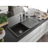 Mexen Leo chiuvetă din granit cu 1 cameră, scurgător și baterie de bucătărie Flora, negru/auriu metalic - 6501-75-670401-00