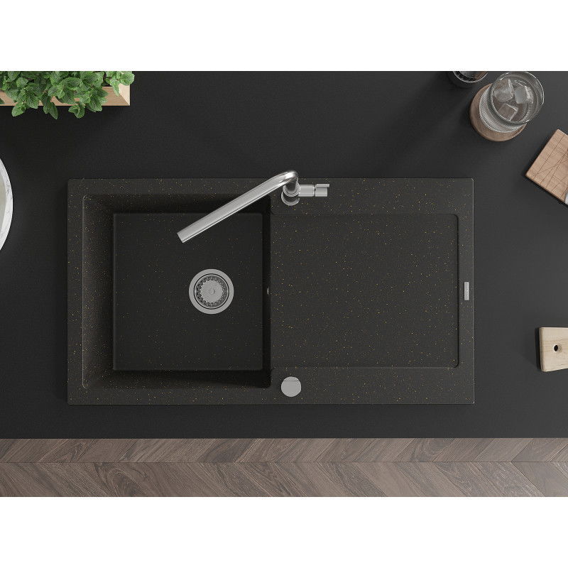 Mexen Leo chiuvetă de bucătărie din granit, cu 1 compartiment, cu picurător și robinet de bucătărie Flora, negru/auriu