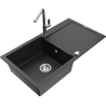 Mexen Leo chiuvetă de bucătărie din granit, cu 1 compartiment, cu picurător și robinet de bucătărie Flora, negru/auriu