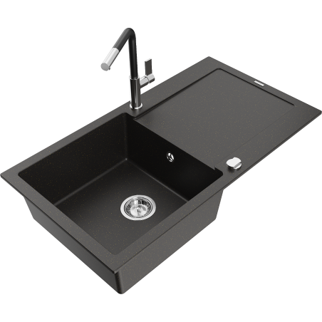 Mexen Leo chiuvetă de granit cu 1 compartiment cu scurgător și baterie de bucătărie Flora, negru/auriu metalizat