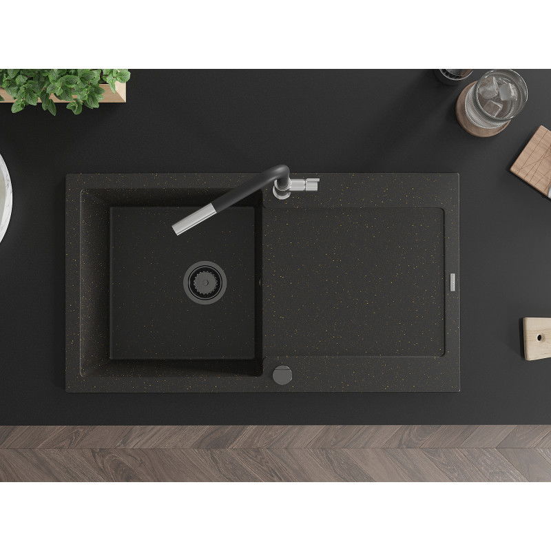 Mexen Leo 1-medencés gránit mosogató csepegtetővel és Flora konyhai csapteleppel, fekete/arany metál - 6501-75-670401-07-B