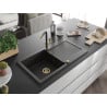 Mexen Leo chiuvetă granit 1 compartiment cu scurgător și baterie bucătărie Flora, negru/auriu metalic - 6501-75-670401-57-G