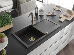 Mexen Leo chiuvetă granit 1 compartiment cu scurgător și baterie bucătărie Flora, negru/auriu metalic - 6501-75-670401-57-G