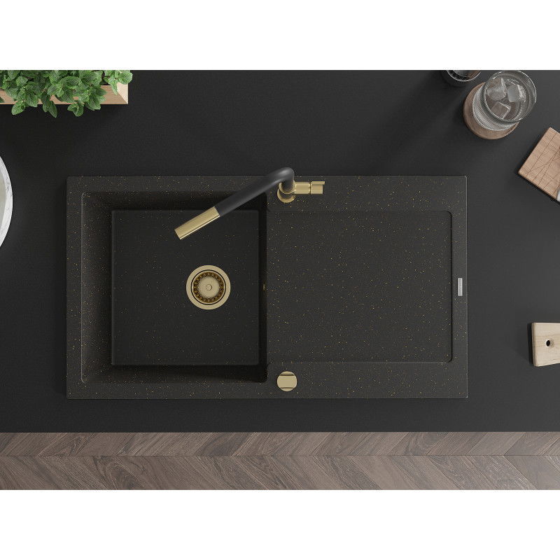 Mexen Leo chiuvetă de granit cu o cuvă cu scurgător și baterie de bucătărie Flora, negru/auriu metalic
