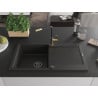 Mexen Leo chiuvetă de bucătărie din granit cu 1 cuvă cu picurător și baterie Flora, negru/auriu metalic - 6501-75-670401-57-B