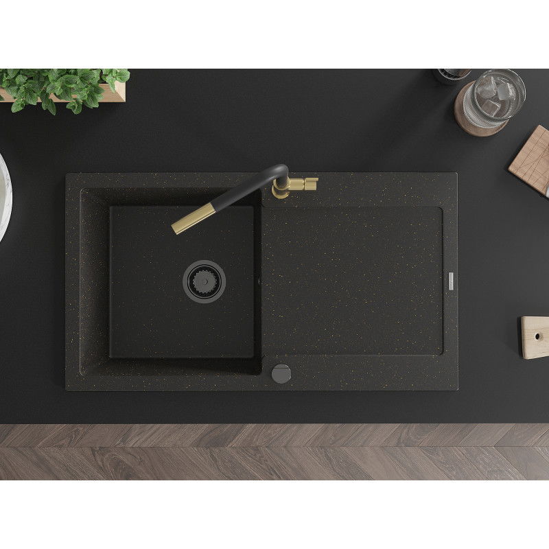 Mexen Leo chiuvetă din granit cu 1 compartiment cu scurgător și baterie de bucătărie Flora, negru/auriu metalizat
