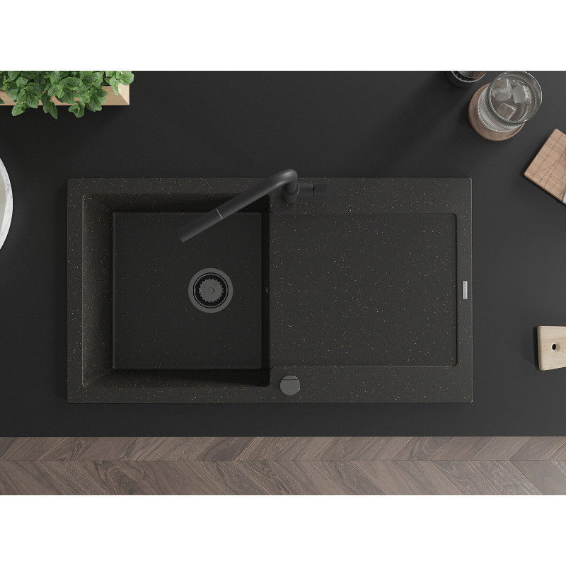 Mexen Leo egykamrás gránit mosogató lefolyóval és Flora konyhai csapteleppel, fekete/arany metál - 6501-75-670401-70-B