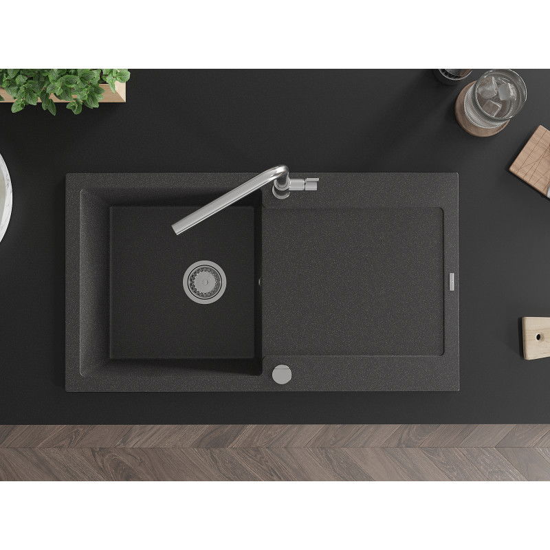 Mexen Leo egymedencés gránit mosogató csepegtetővel és Flora konyhai csapteleppel, fekete pöttyös - 6501-76-670401-00