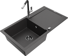 Mexen Leo egymedencés gránit mosogató csepegtetővel és Flora konyhai csappal, fekete pöttyös - 6501-76-670401-07-B