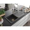Mexen Leo chiuvetă de bucătărie din granit 1-cameră cu scurgător și baterie Flora, negru cu pete - 6501-76-670401-57-G