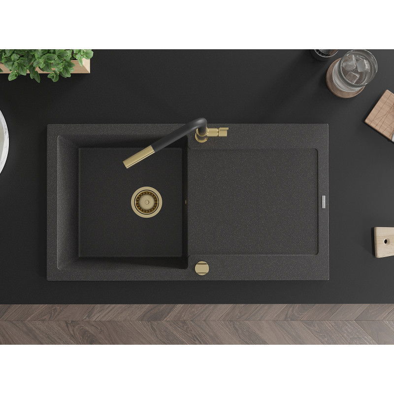 Mexen Leo chiuvetă de bucătărie din granit, cu 1 compartiment și drenaj, și baterie Flora, negru cu pete - 6501-76-670401-57-G