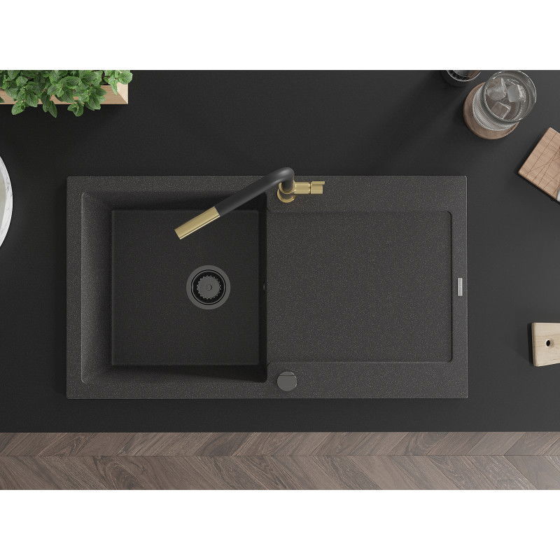 Mexen Leo chiuvetă de granit cu 1 compartiment și scurgător și baterie de bucătărie Flora, negru pătat - 6501-76-670401-57-B