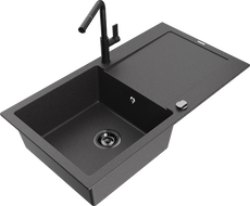 Mexen Leo 1-medencés gránit mosogató csepegtetővel és Flora konyhai csapteleppel, fekete pöttyös - 6501-76-670401-70-B