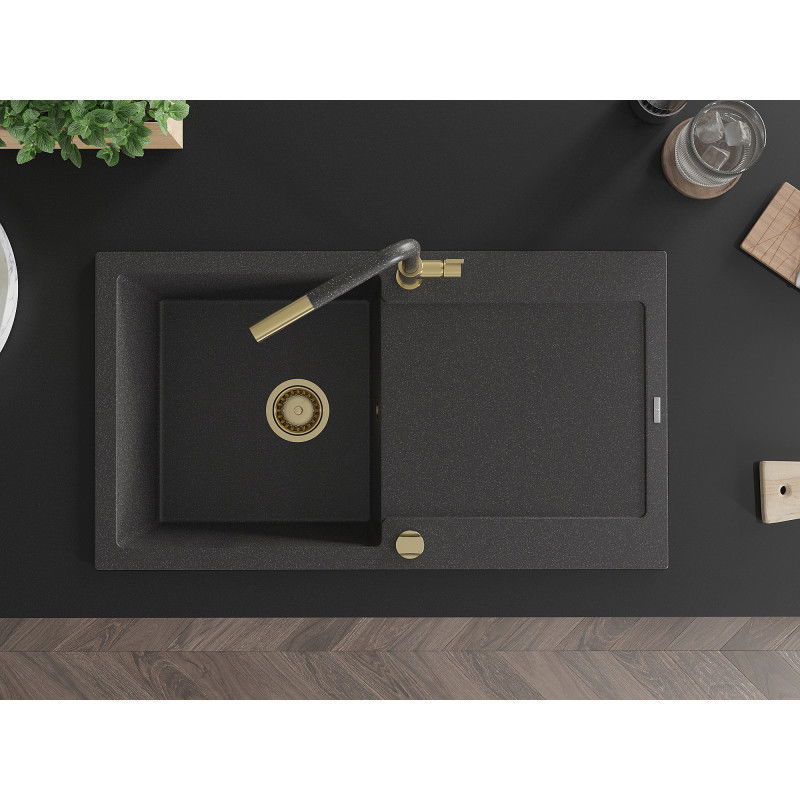 Mexen Leo gránit egytálcás mosogató csepegtetővel és Flora konyhai csapteleppel, fekete pöttyös - 6501-76-670401-75-G