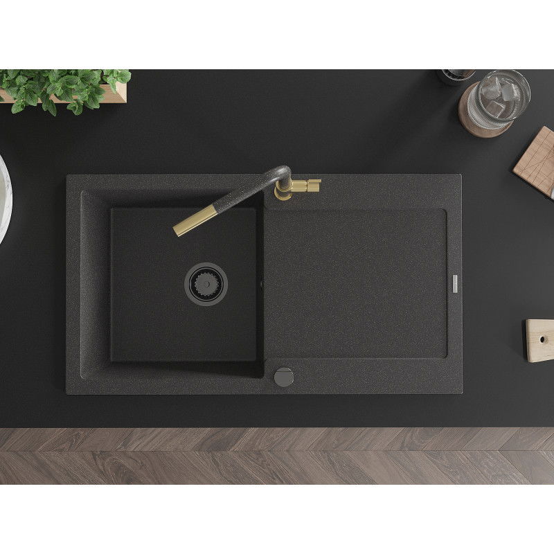 Mexen Leo chiuvetă de granit cu 1 compartiment, cu scurgător și baterie de bucătărie Flora, negru punctat - 6501-76-670401-75-B