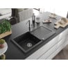 Mexen Leo chiuvetă de granit cu un compartiment, cu picurător și baterie de bucătărie Flora, Neagră - 6501-77-670401-00