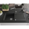 Mexen Leo chiuvetă de granit cu un compartiment, cu picurător și baterie de bucătărie Flora, Neagră - 6501-77-670401-00