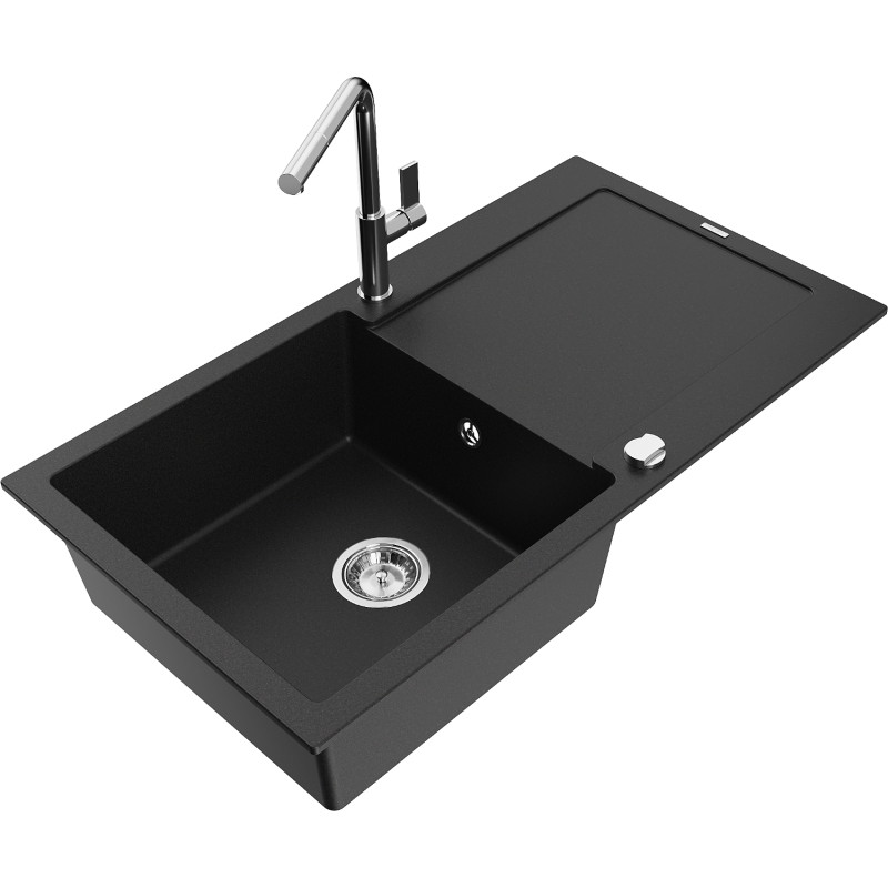 Mexen Leo chiuvetă de bucătărie din granit cu 1 compartiment, cu scurgător și baterie Flora, negru - 6501-77-670401-00