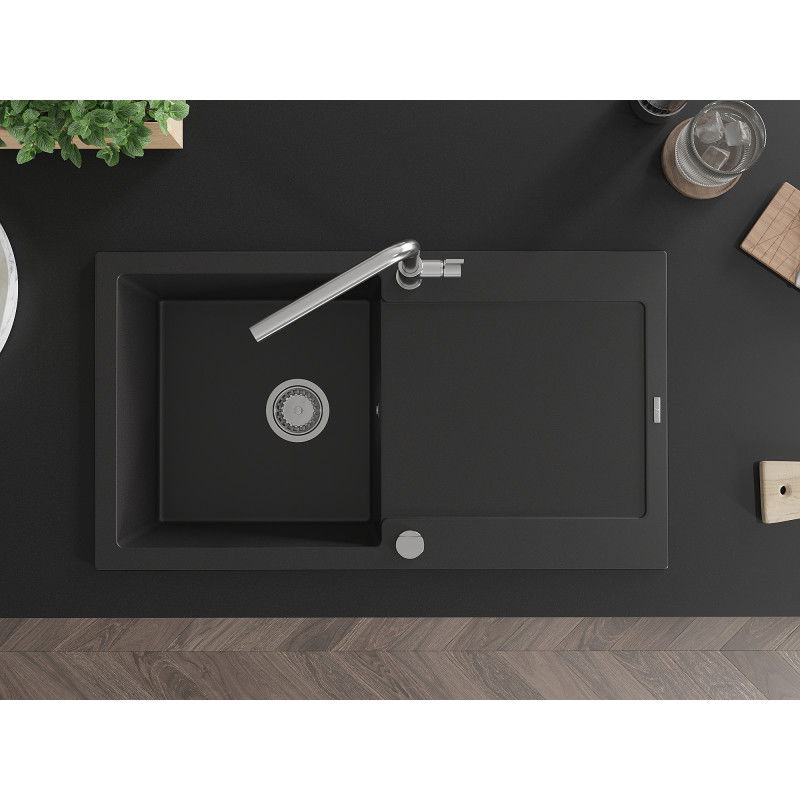 Mexen Leo egymedencés gránit mosogató csepegtetővel és Flora konyhai csapteleppel, fekete - 6501-77-670401-00