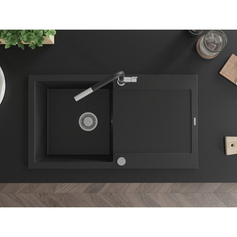 Mexen Leo gránit mosogató 1 kamrás csepegtetővel és Flora konyhai csappal, fekete - 6501-77-670401-07