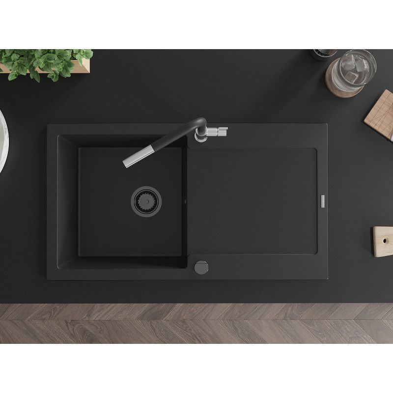 Mexen Leo 1 rekeszes gránit mosogató csepegtetővel és Flora konyhai csappal, fekete - 6501-77-670401-07-B