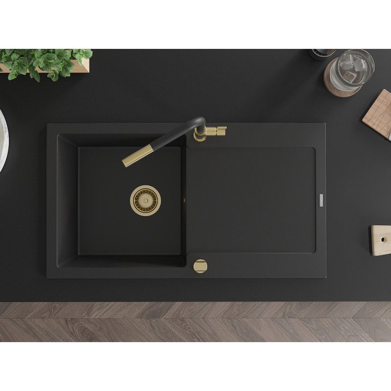 Mexen Leo chiuvetă de granit cu 1 cuvă și scurgător și baterie de bucătărie Flora, negru - 6501-77-670401-57-G