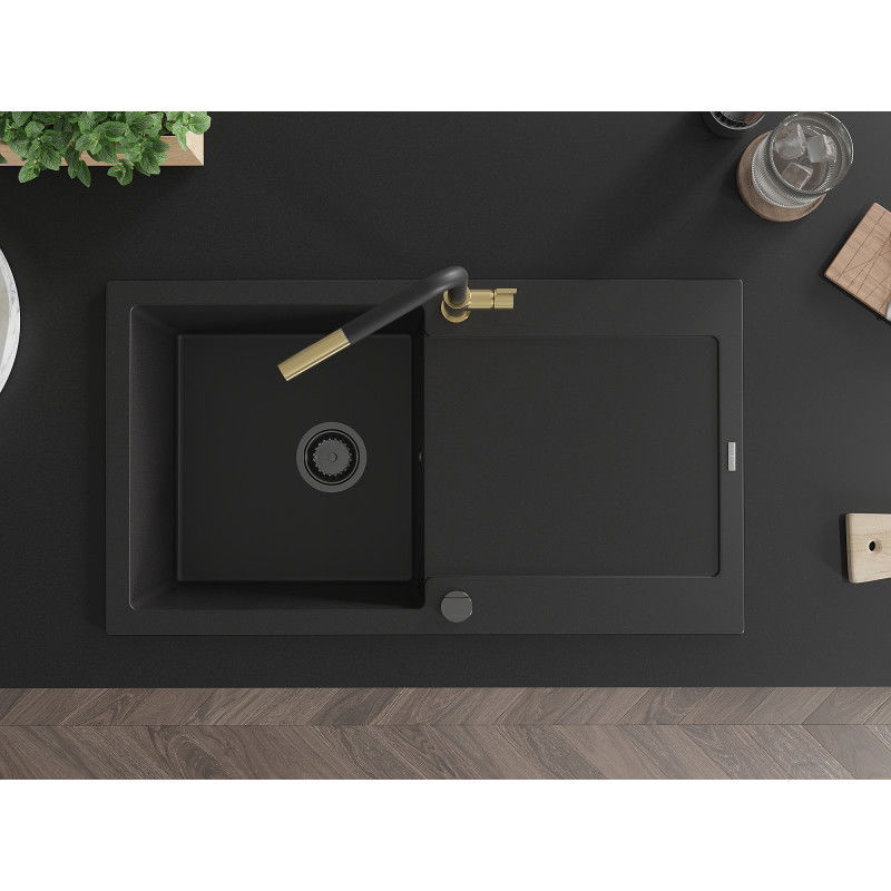 Mexen Leo egykamrás gránit mosogató csepegtetővel és Flora konyhai csapteleppel, fekete - 6501-77-670401-57-B