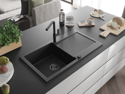 Mexen Leo chiuvetă de bucătărie din granit cu 1 compartiment, cu scurgător și baterie Flora, negru - 6501-77-670401-70-B