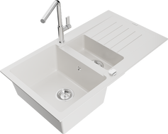 Mexen Matias chiuvetă de bucătărie din granit, cu 1,5 camere și scurgător, cu baterie de bucătărie Flora, albă