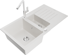 Mexen Matias gránit mosogató 1,5 medencés csepegtetővel és Flora konyhai csapteleppel, fehér - 6502-20-670401-02