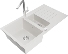 Mexen Matias gránit mosogató 1,5 medencés csepptálcával és Flora konyhai csapteleppel, fehér - 6502-20-670401-06