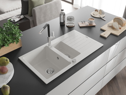 Mexen Matias 1,5-medencés gránit mosogató csepegtetővel és Flora konyhai csapteleppel, fehér - 6502-20-670401-07