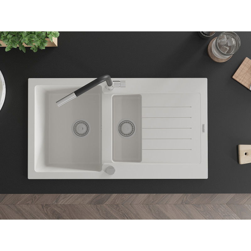Mexen Matias 1,5-medencés gránit mosogató csepegtetővel és Flora konyhai csapteleppel, fehér - 6502-20-670401-07
