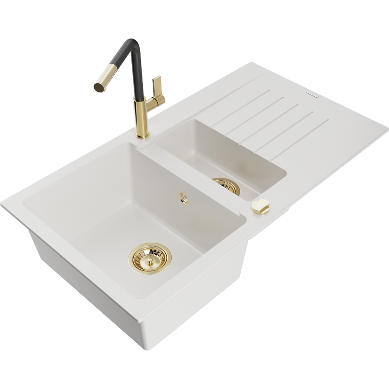 Mexen Matias chiuvetă de bucătărie din granit cu 1,5 cuve și scurgător, cu baterie Flora, alb - 6502-20-670401-57-G