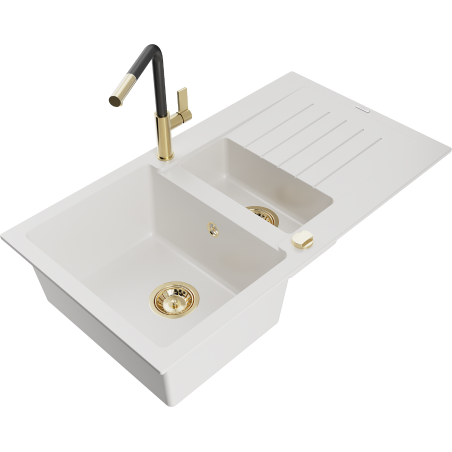 Mexen Matias chiuvetă de bucătărie din granit cu 1,5 cuve și scurgător, cu baterie Flora, alb - 6502-20-670401-57-G