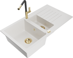 Mexen Matias 1,5-medencés gránit mosogató csepegtetővel és Flora konyhai csapteleppel, fehér - 6502-20-670401-57-G