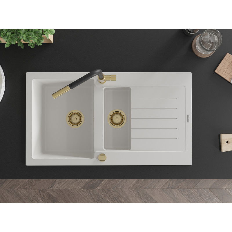 Mexen Matias chiuvetă de bucătărie din granit cu 1,5 cuve și scurgător, cu baterie Flora, alb - 6502-20-670401-57-G