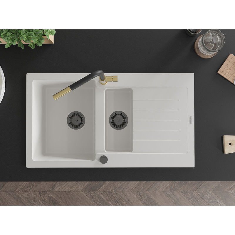 Mexen Matias chiuvetă de bucătărie din granit cu 1,5 compartimente, cu scurgător și baterie Flora, alb