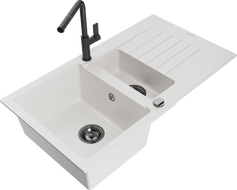 Mexen Matias chiuvetă din granit cu 1,5 cuve, cu scurgător și baterie de bucătărie Flora, alb - 6502-20-670401-70-B