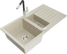 Mexen Matias gránit mosogató 1,5 medencés csepegtetővel és Flora konyhai csappal, bézs - 6502-69-670401-07