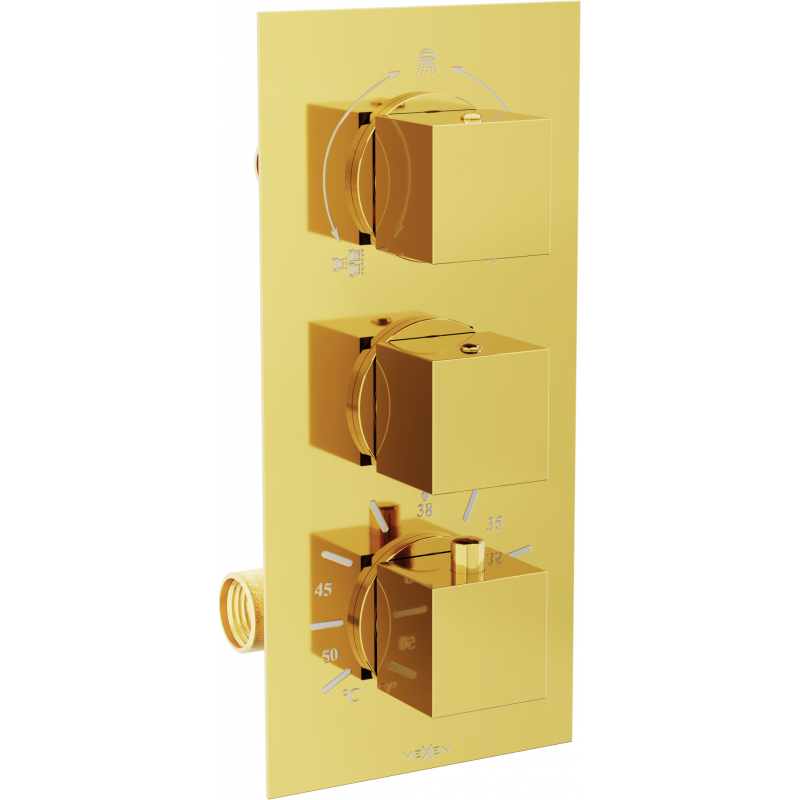 Mexen Cube baterie termostatice pentru cadă-duș cu 3 căi, aurie - 77503-50